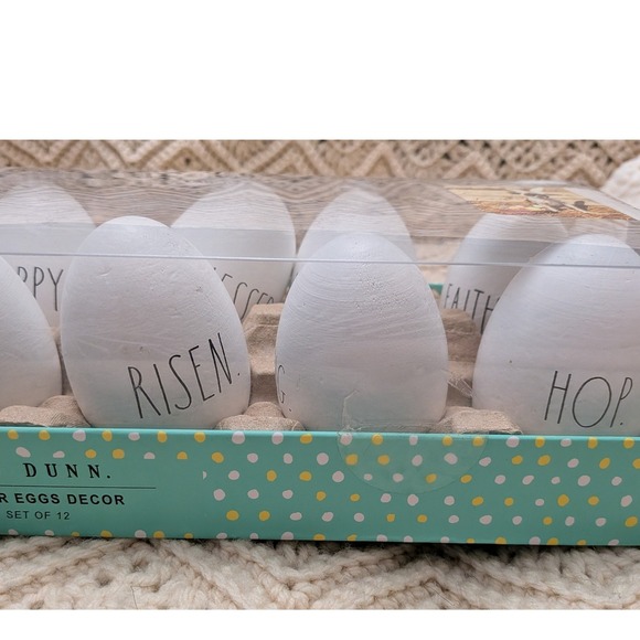 Rae Dunn Wood Easter Egg Decor Set of 12 White Farmhouse Spring Words New In Box - Picture 2 of 5